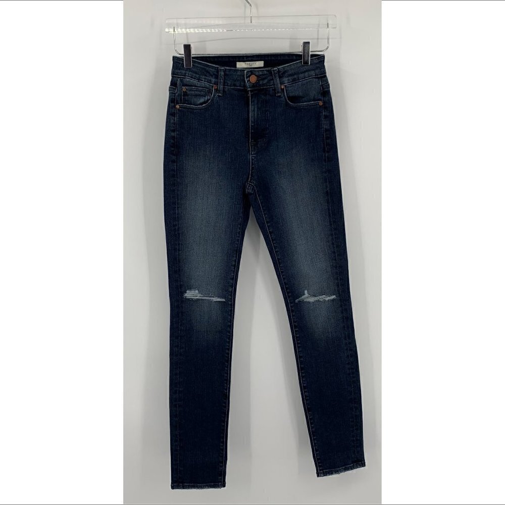 Fidelity Denim Gwen skinny jeans mid-rise distressed slit knee blue Manhattan 27